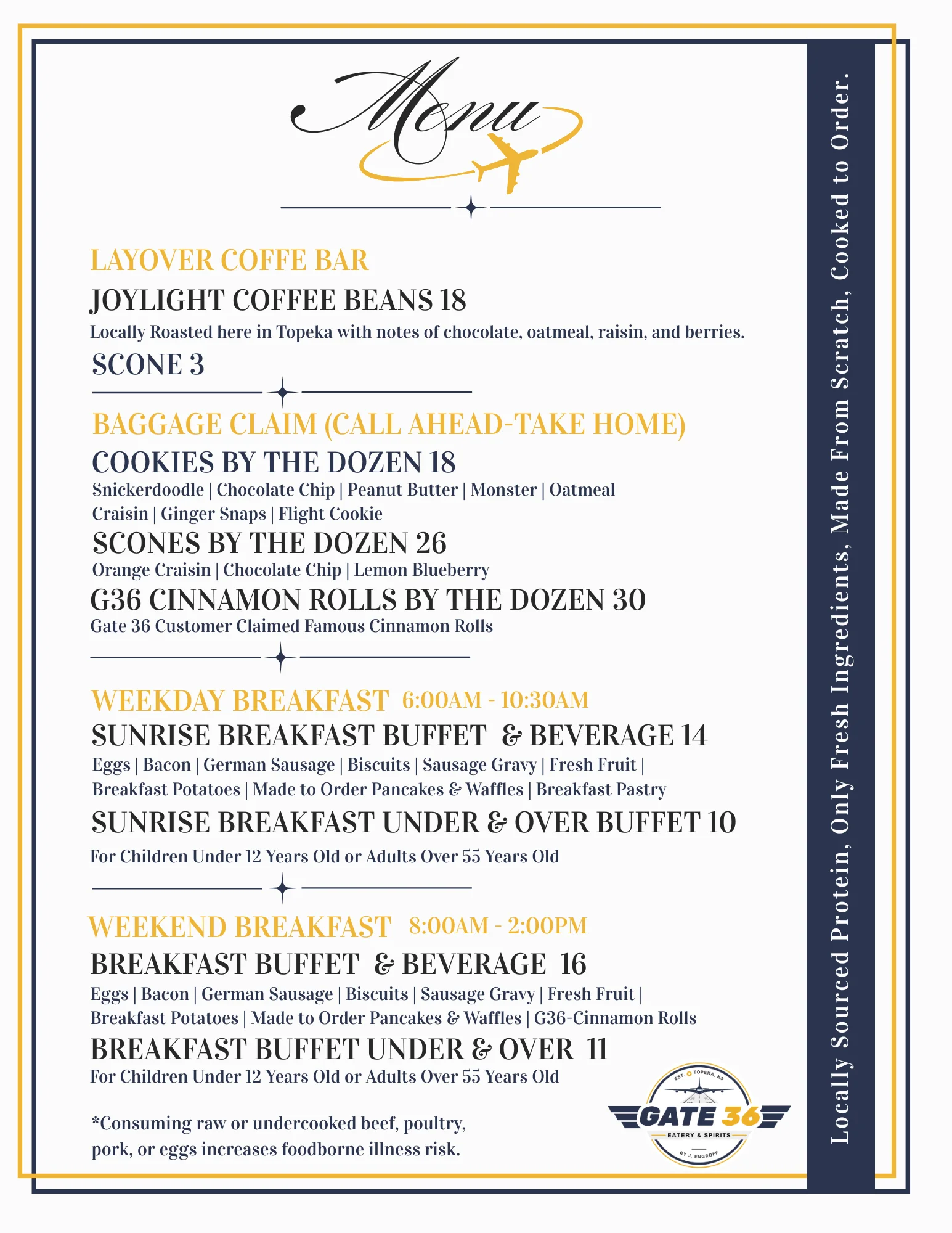 Menu from Gate 36 Eatery featuring appetizers and desserts