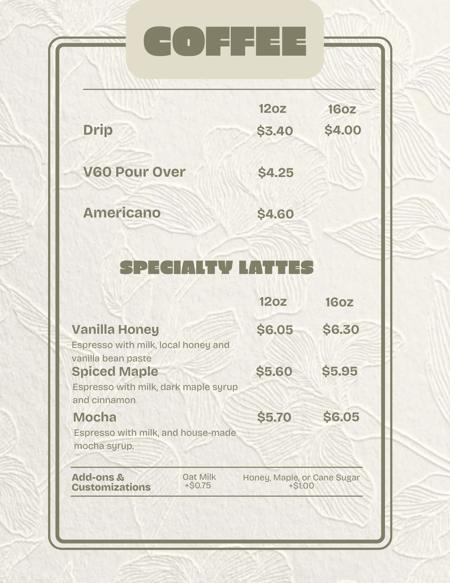 Menu showcasing a variety of delicious dishes and beverages.