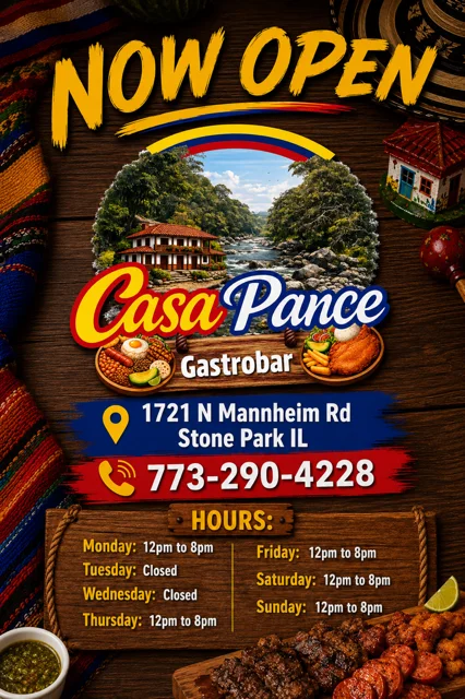 Colorful restaurant sign for Casa Pance Gastrobars in Stone Park, IL