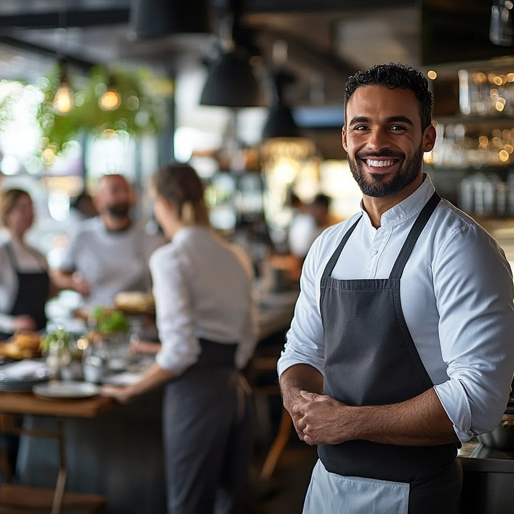 Smiling restaurant staff member in a modern dining space