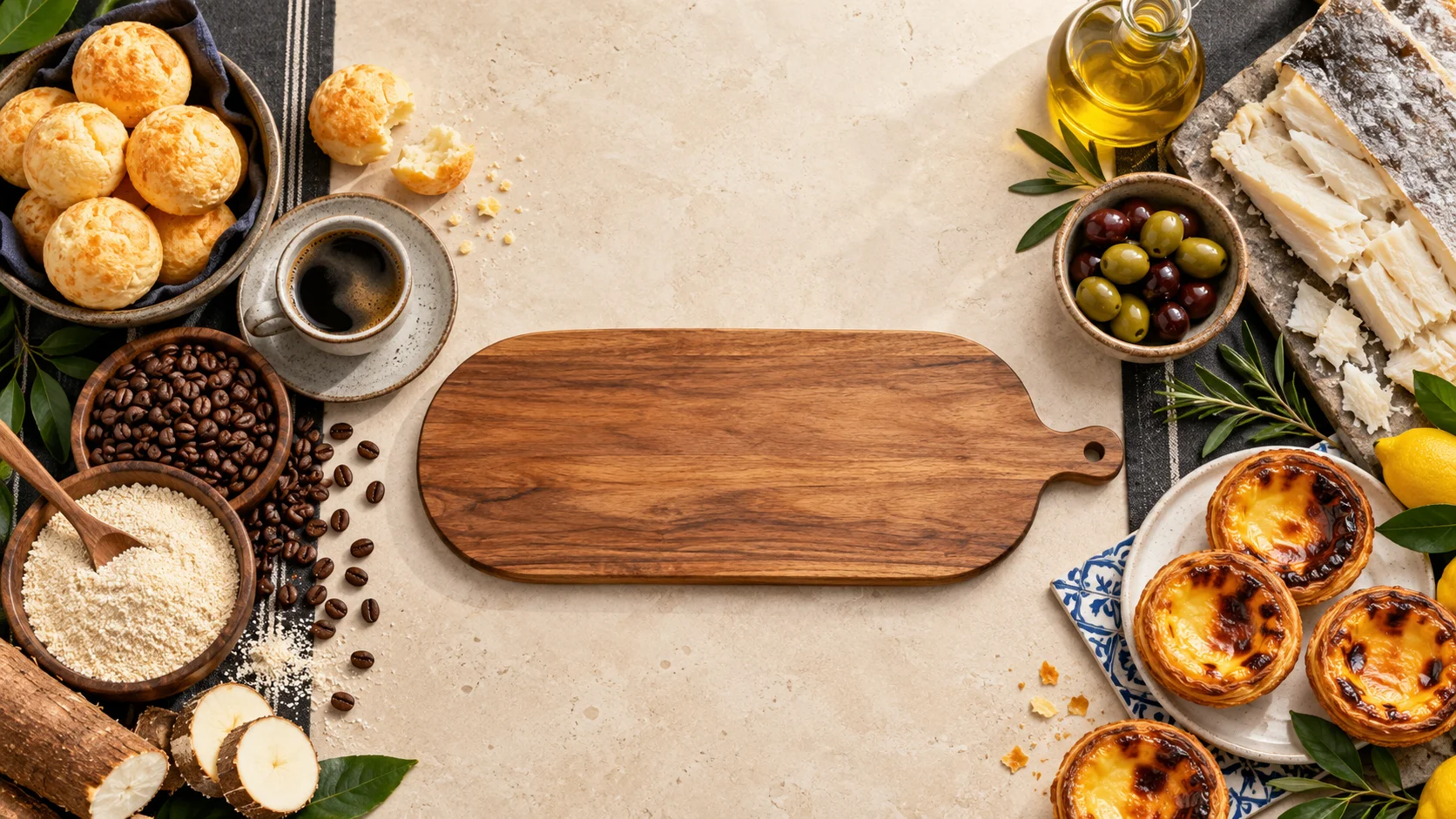Assorted Mediterranean snacks on a wooden board with coffee and olives