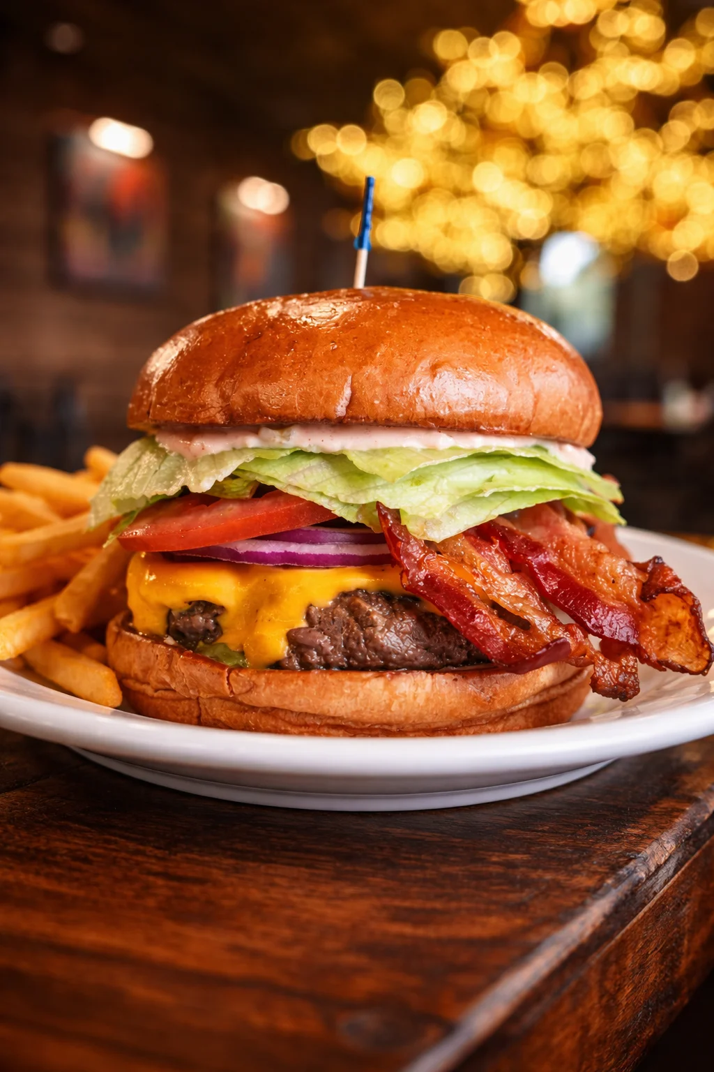 Classic American cheeseburger with bacon and fries