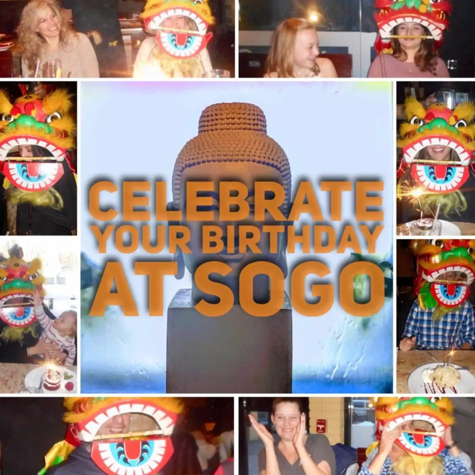 Restaurant birthday celebration collage with colorful novelty masks and cake