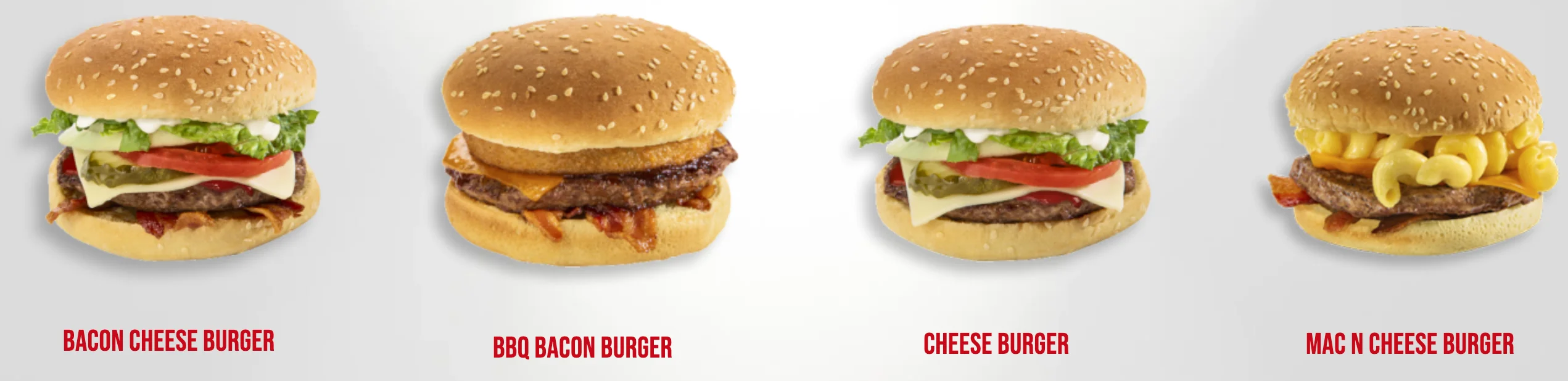 Assorted gourmet burgers including bacon and mac n cheese varieties