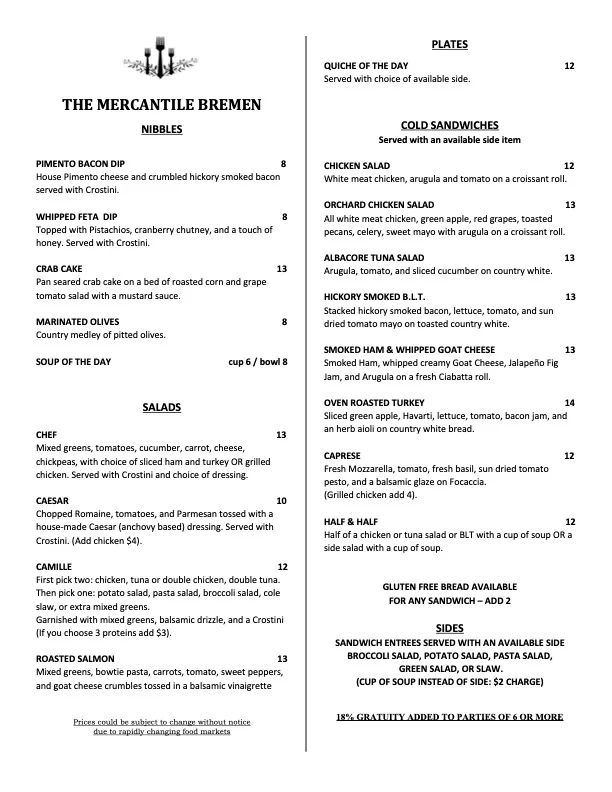 Menu from The Mercantile Bremen featuring diverse American dishes