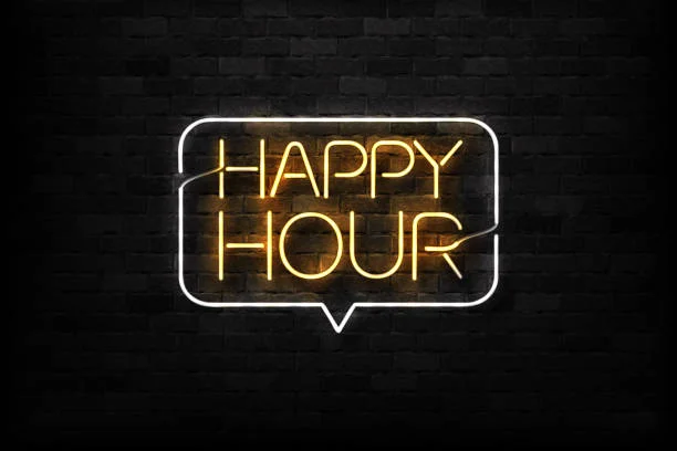 Neon sign displaying 'Happy Hour' in vibrant colors