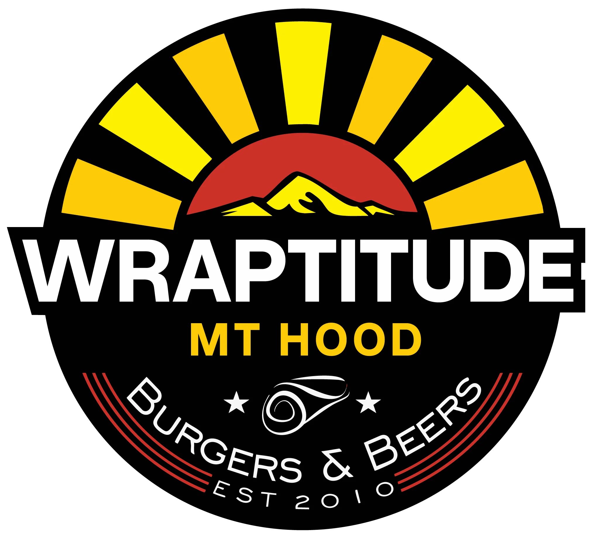 A colorful logo featuring the name 'WRAPTITUDE' along with graphics of mountains and a rising sun. The design suggests a focus on gourmet wraps, burgers, and beers.