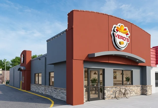 Modern restaurant exterior of Vero's with open sign