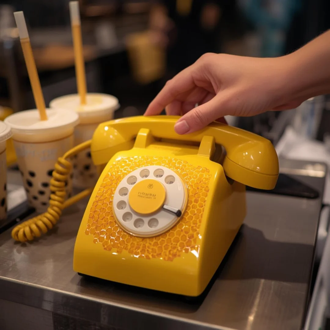 Vintage yellow rotary phone at a trendy bubble tea shop