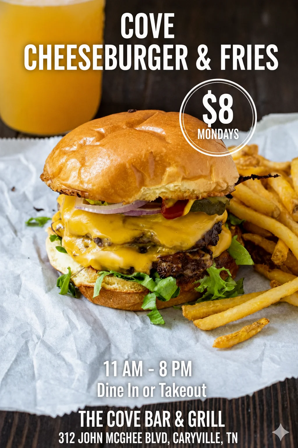 Cove cheeseburger with fries at a bar and grill