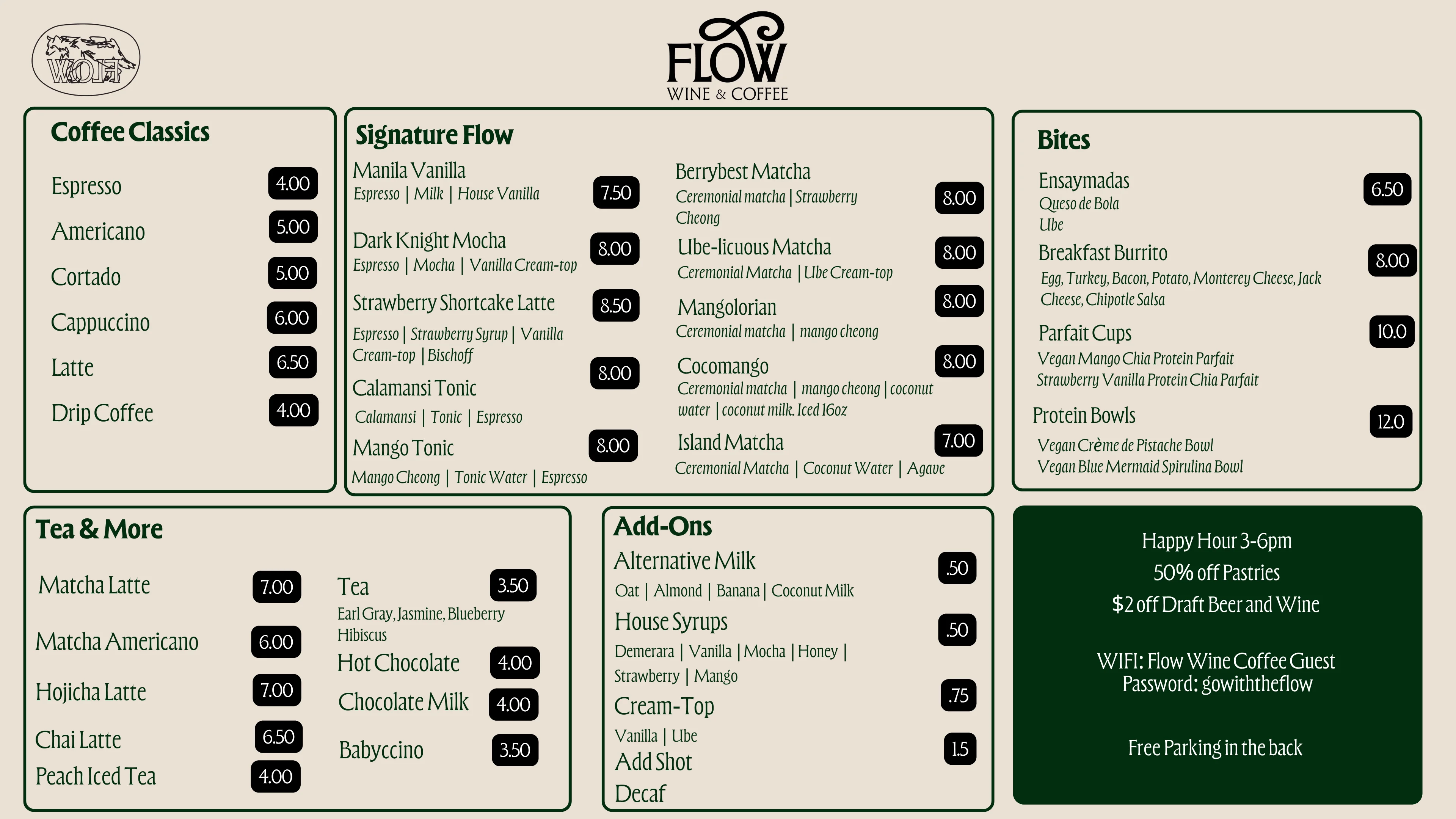 Menu featuring Filipino coffee and bites at Flow Wine & Coffee