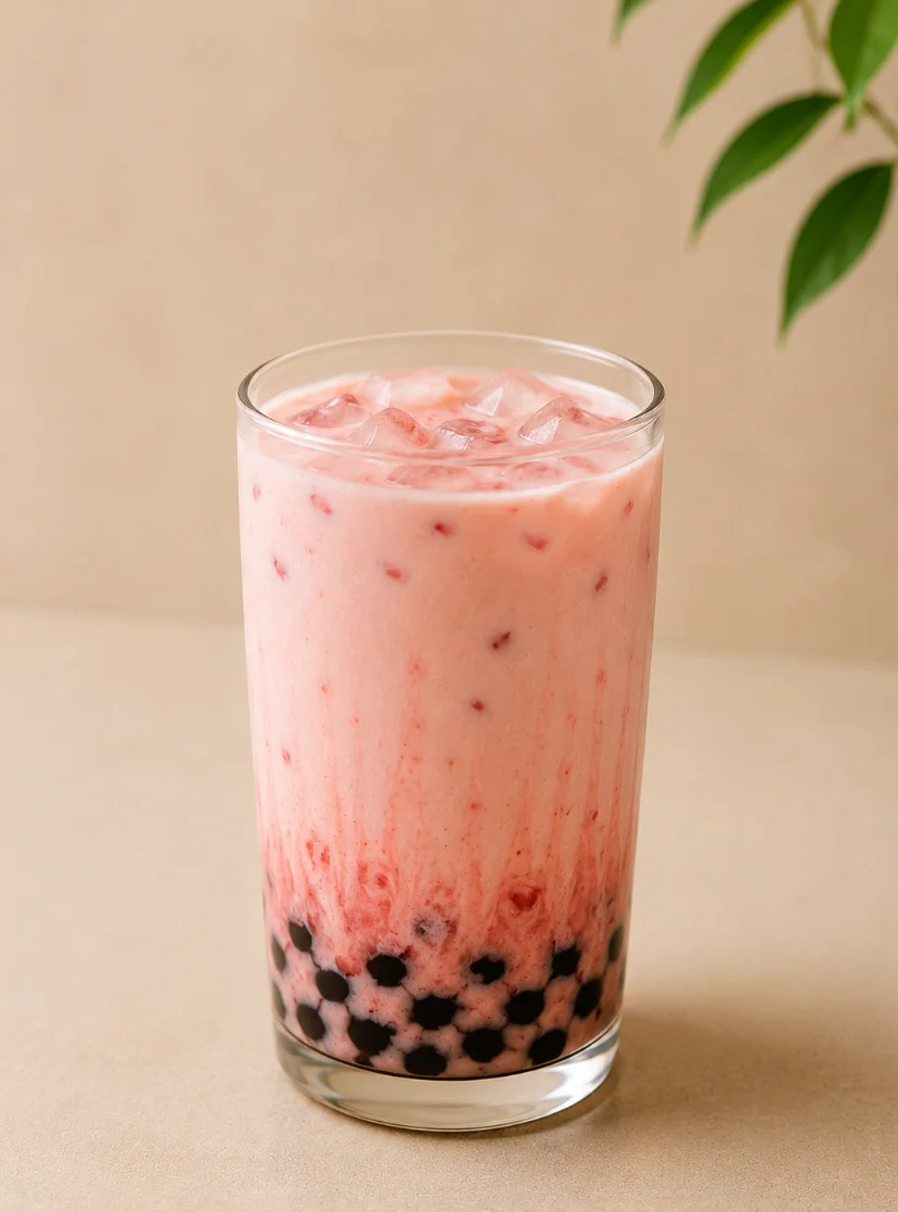 A glass filled with a pink, creamy drink containing ice and black tapioca pearls at the bottom. A green plant leaf is partially visible in the background.