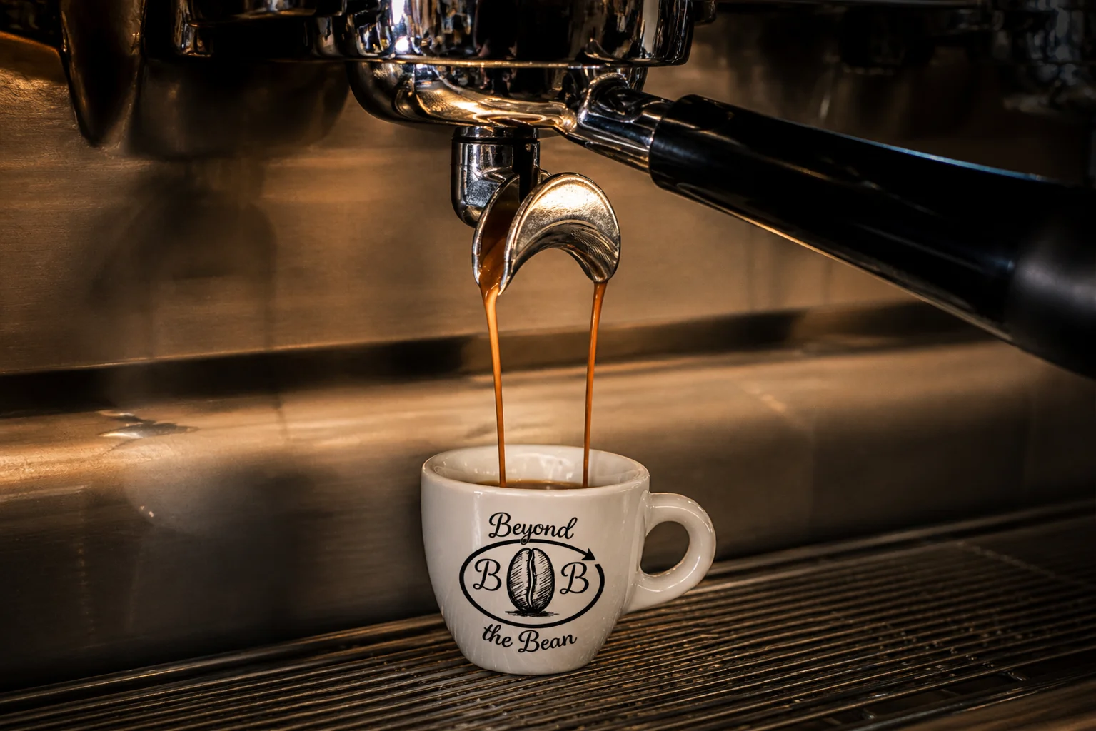 Espresso pouring into a branded coffee cup