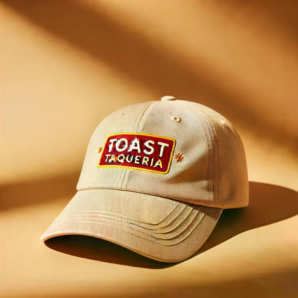 Stylish cap featuring 'Toast Taqueria' logo on a warm background