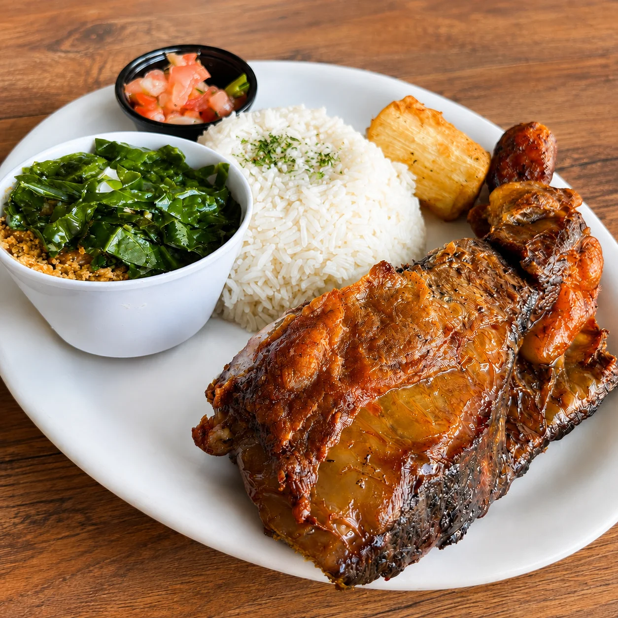 Delicious Brazilian feijoada with rice and collard greens