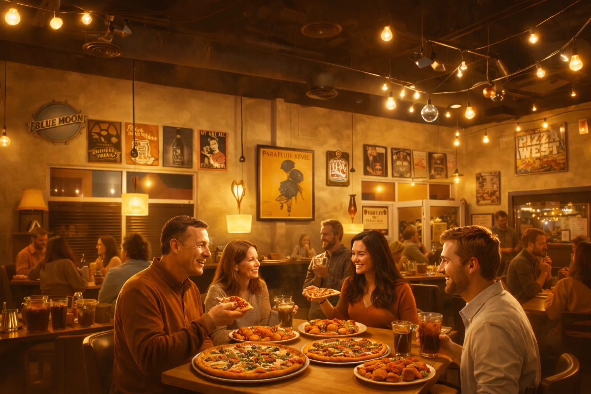 Pizza West restaurant interior and menu highlights