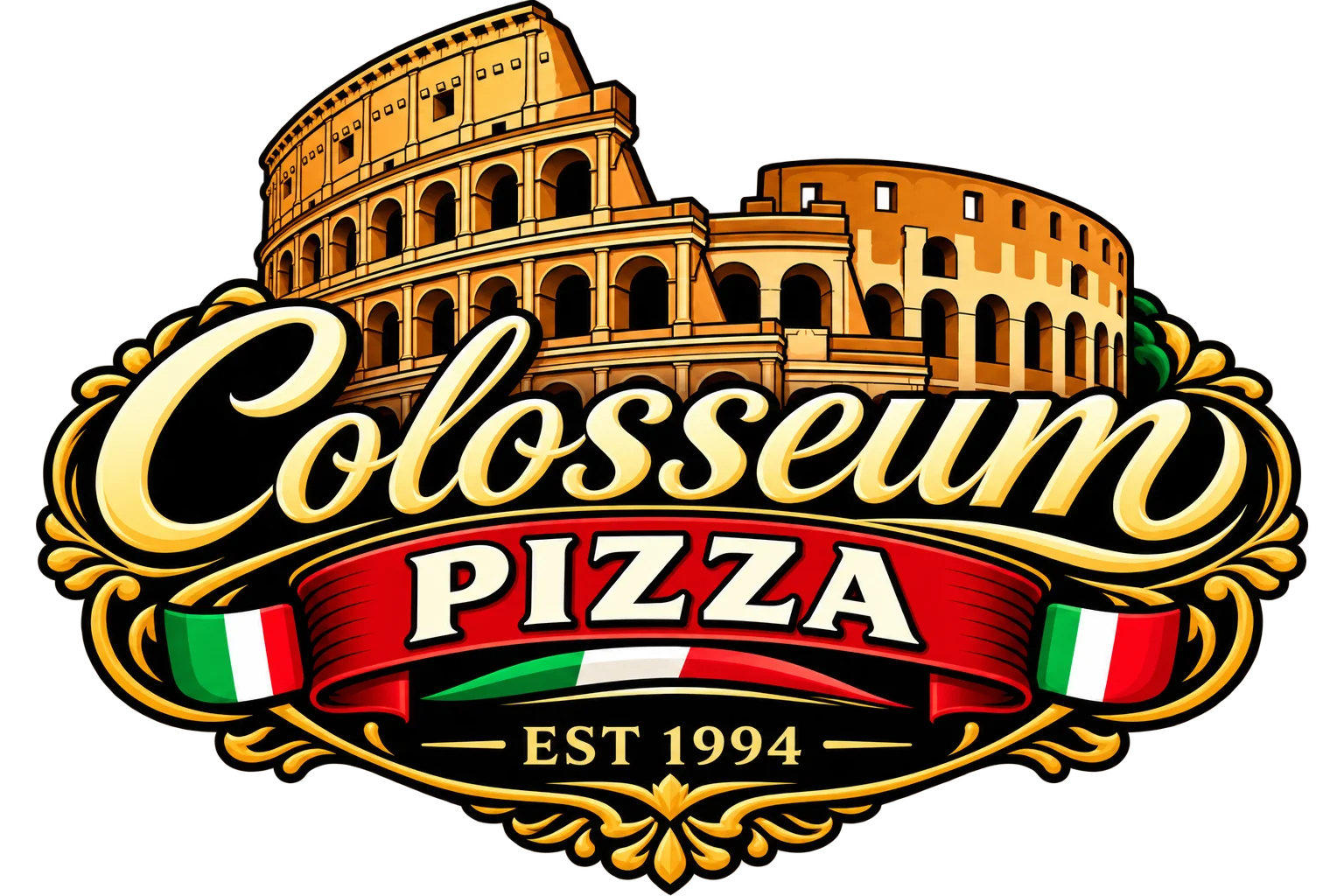 Colosseum Pizza logo featuring iconic architecture and vibrant colors