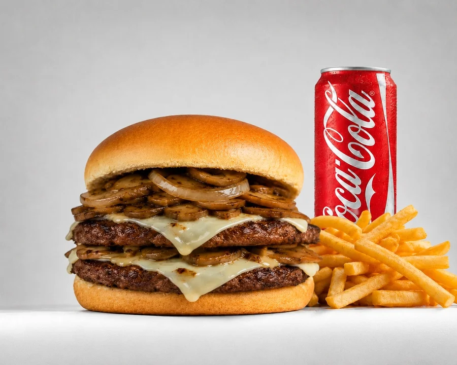A hearty burger with grilled onions, two beef patties, and melted cheese, served with fries and a can of Coca-Cola.
