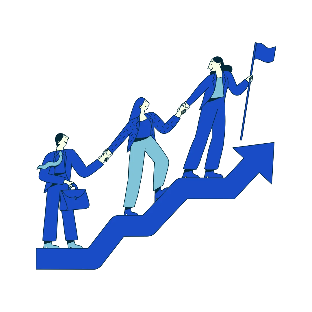 Illustration of teamwork and success with people climbing stairs and holding a flag