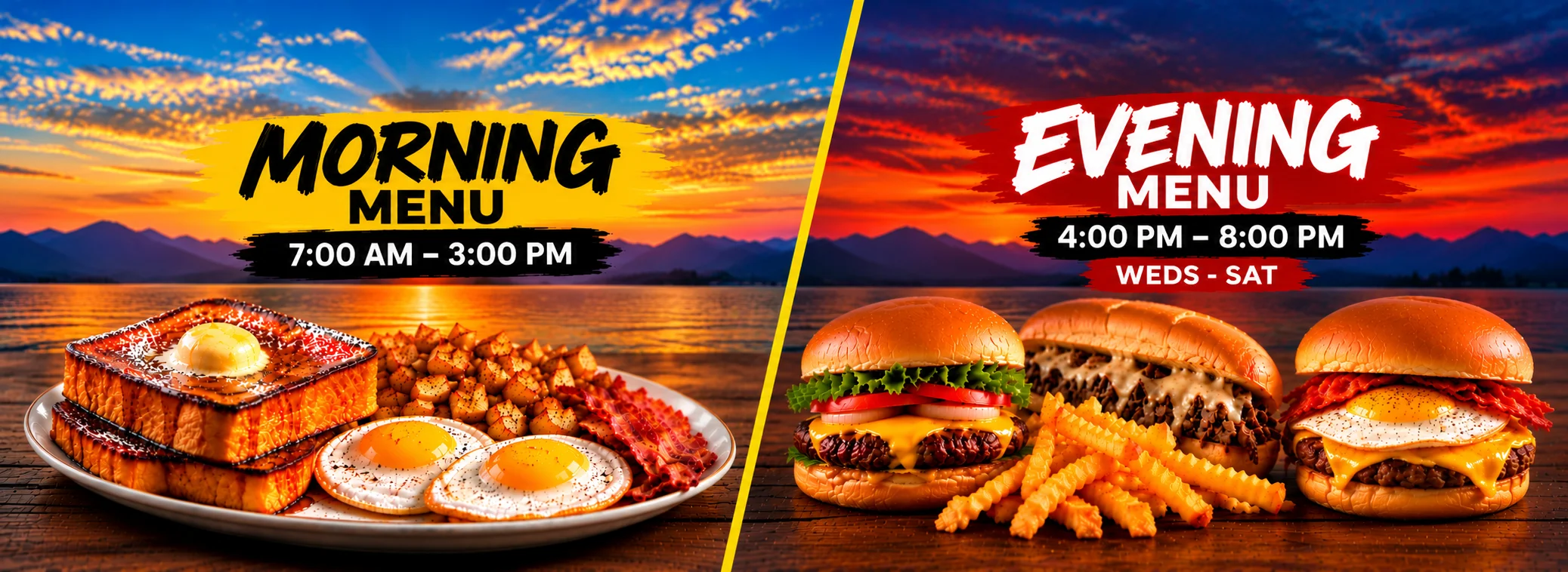 Restaurant morning and evening menu graphic with breakfast platter and burgers