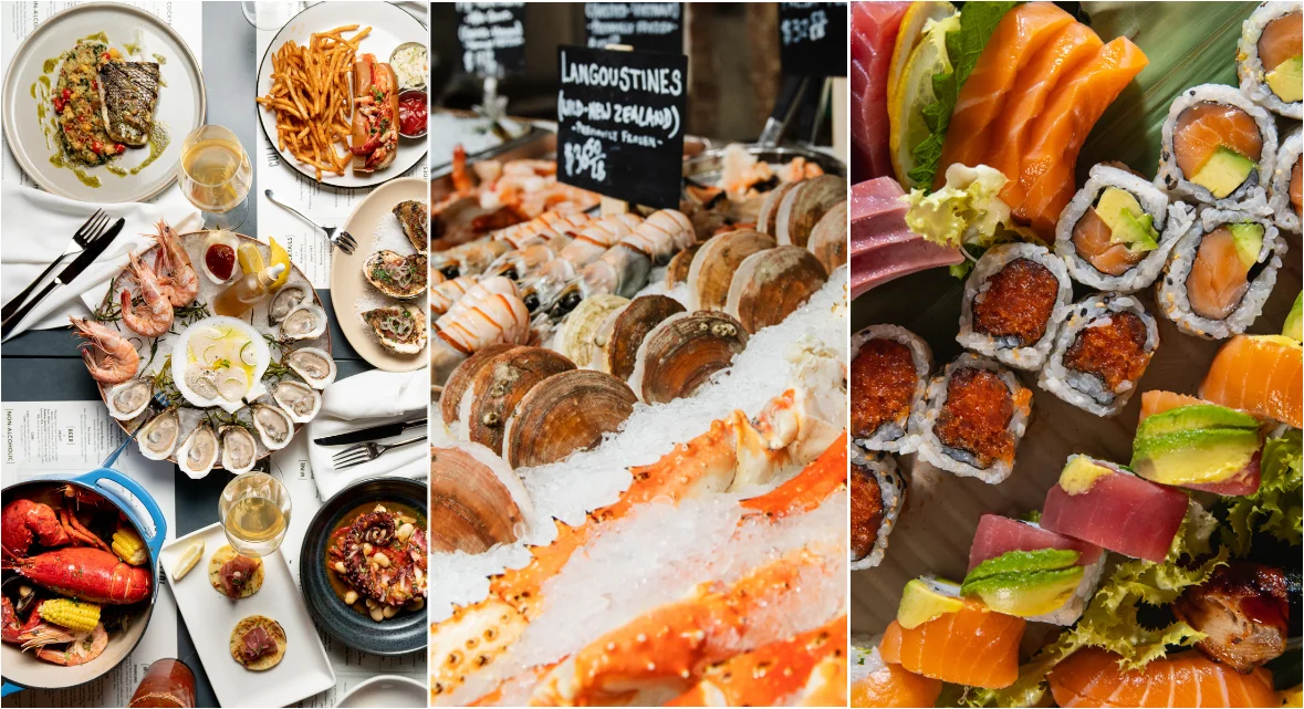 Seafood platter featuring oysters, lobster, and sushi rolls