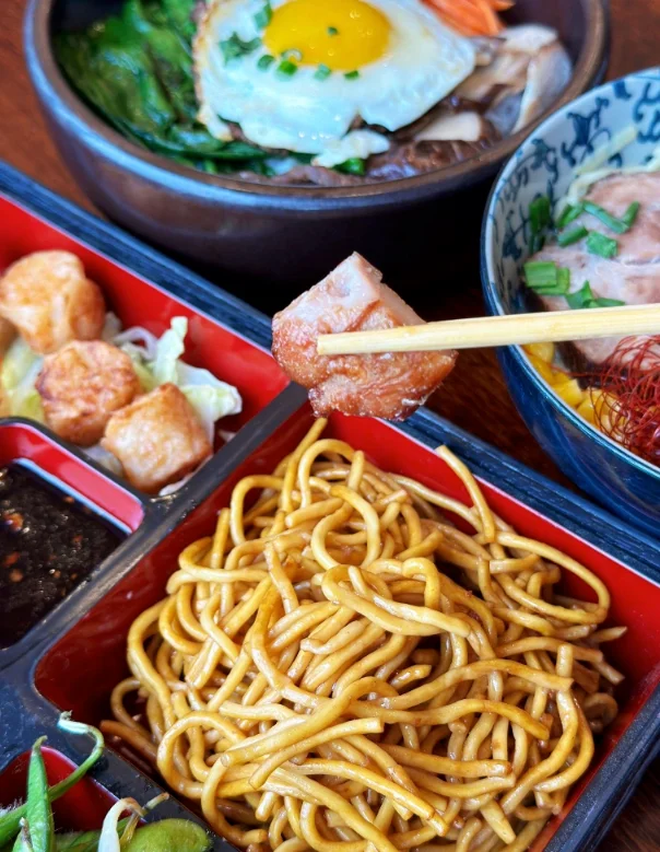 Japanese yakisoba with assorted side dishes
