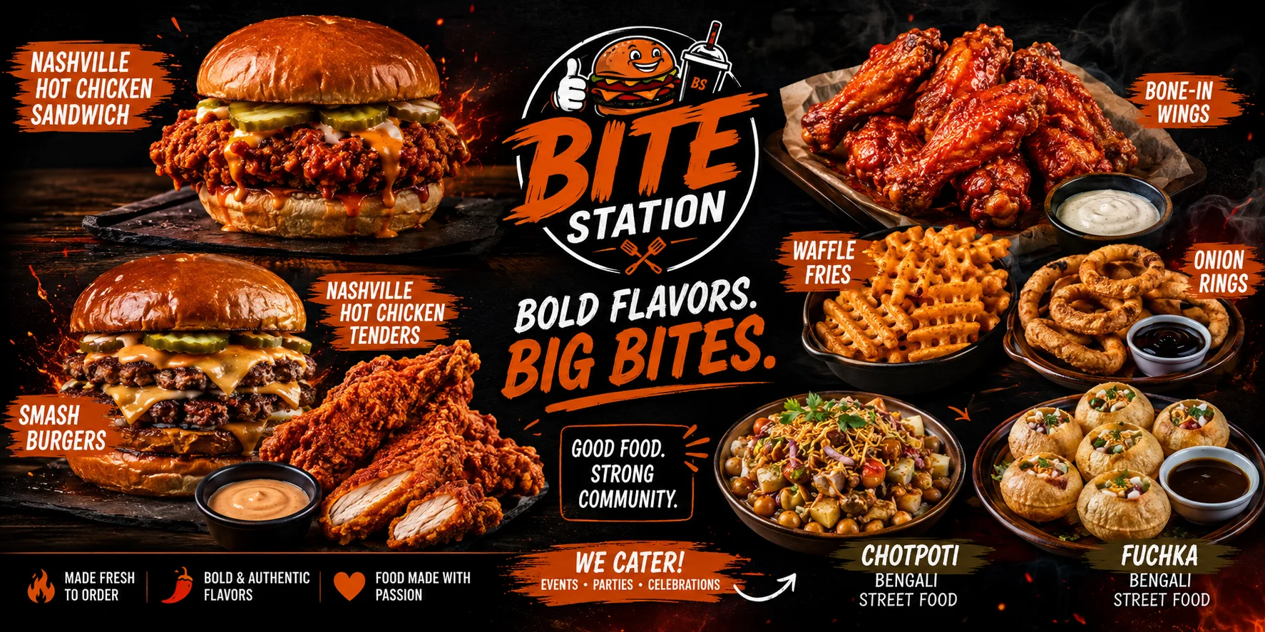An assortment of vibrant dishes including a Nashville hot chicken sandwich, tender pieces of fried chicken, waffle fries, onion rings, and various street food items showcased on a dark wooden table.