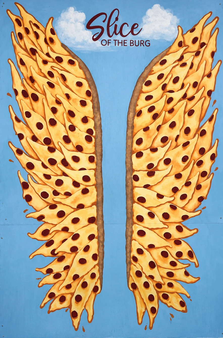 Artistic mural of pizza wings for Slice of the Burg restaurant