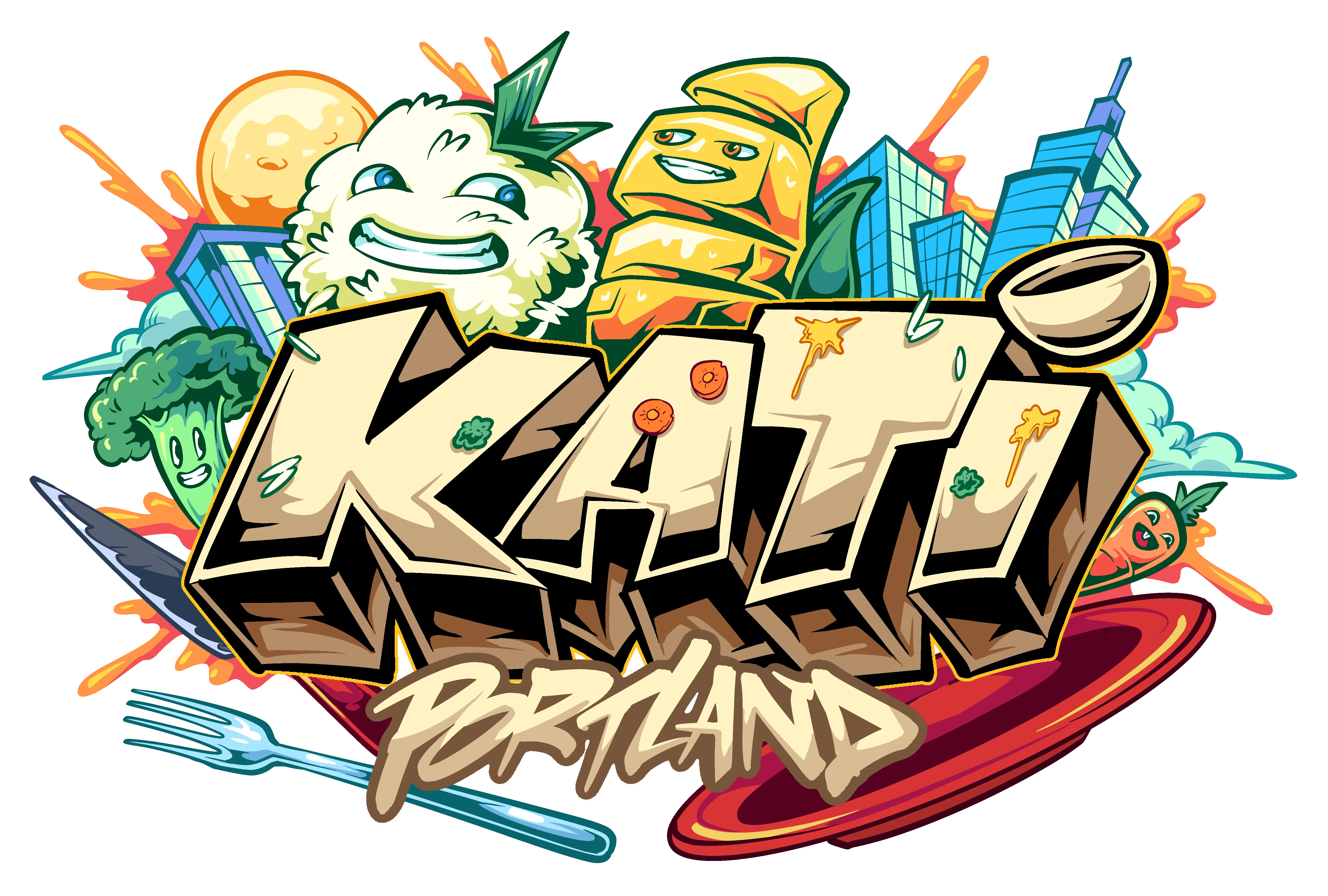 Colorful logo for Kati Portland featuring playful food characters