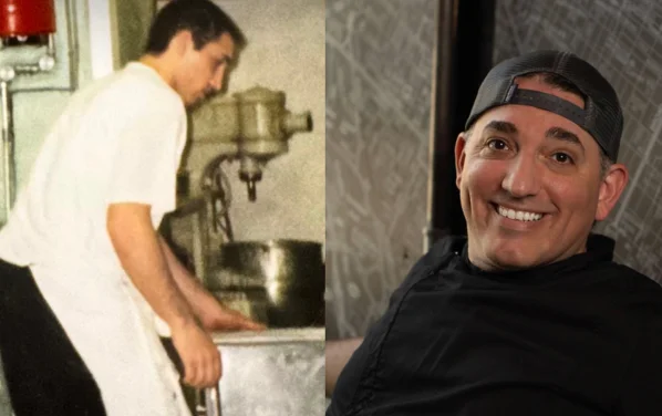 A chef in a kitchen, transitioning from a young cook to a confident professional.