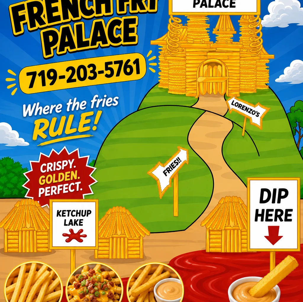 A colorful advertisement for Lorenzo's French Fry Palace, featuring an imaginative design with a golden fry palace, ketchup lake, and various fry dishes. The text promotes crispy, golden fries and includes contact information.