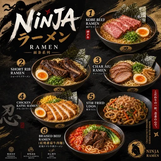 A menu featuring various ramen dishes including short rib ramen, Kobe beef ramen, and char siu ramen, along with side dishes and beverages.