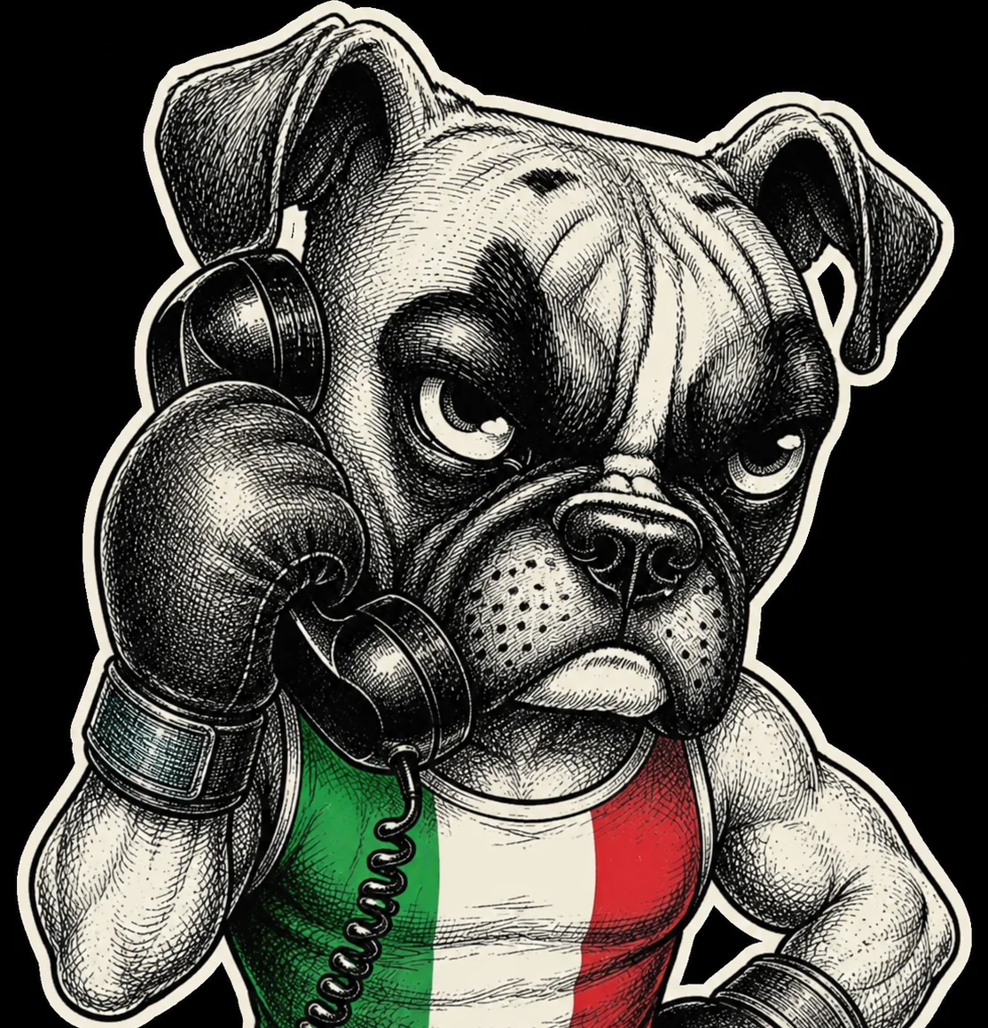 Illustration of a muscular bulldog in an Italian flag tank top on the phone