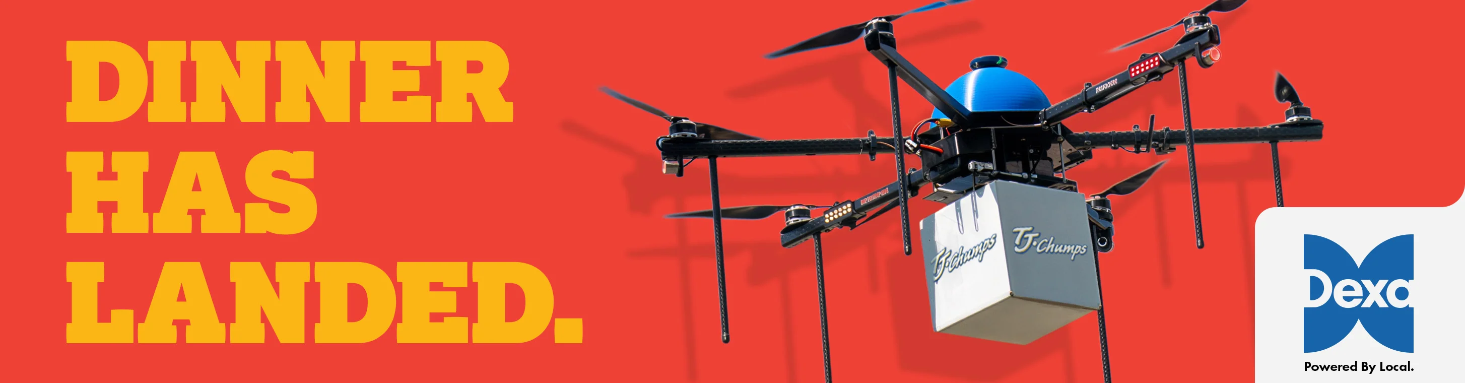 Drone delivering food with bold typography on a vibrant background