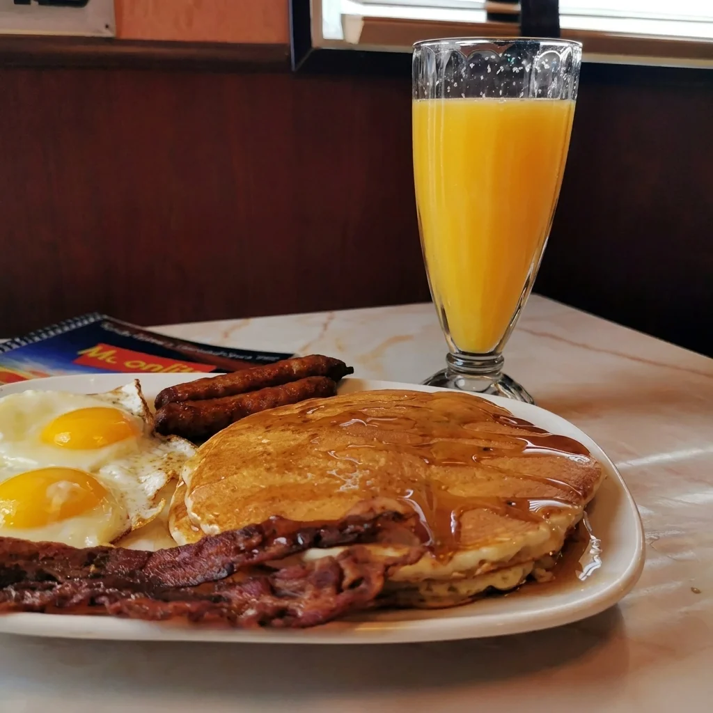 Classic Moonlite Diner breakfast with fluffy pancakes, crispy bacon, eggs, sausage, and fresh orange juice served in a cozy diner booth.