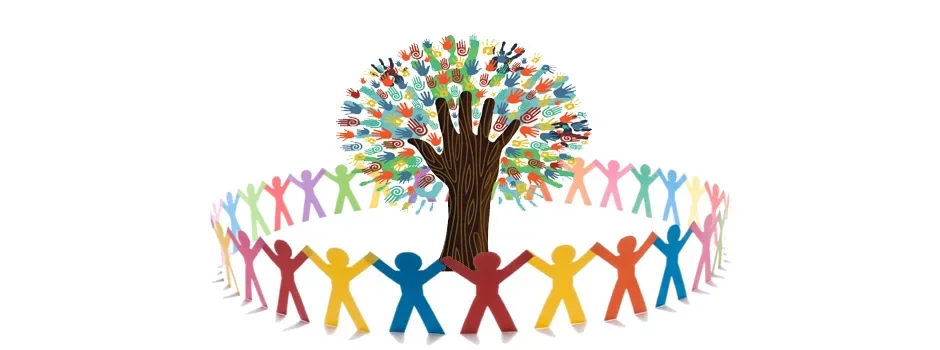 Colorful tree with handprints surrounded by paper figures holding hands