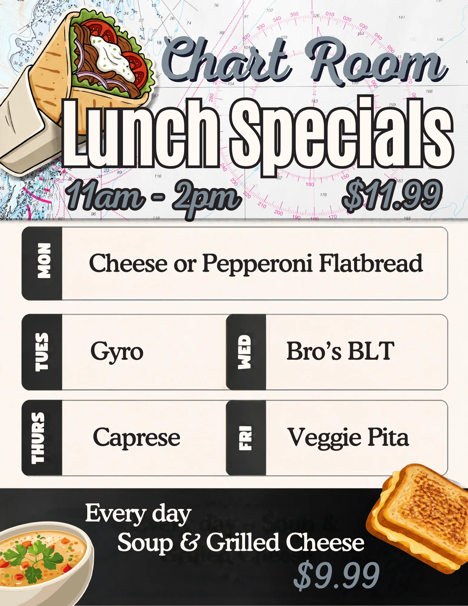 Lunch specials menu featuring flatbread, gyro, and veggie pita at a restaurant