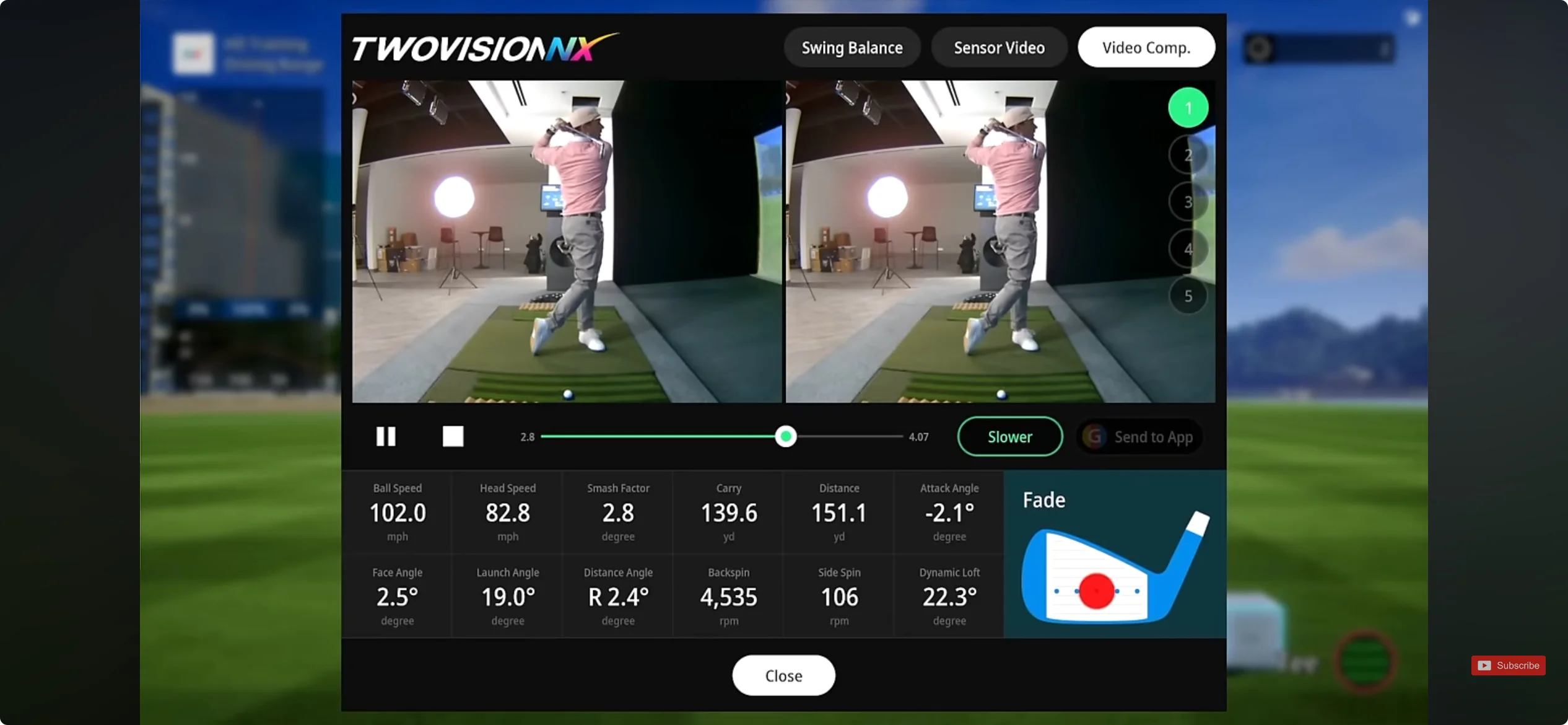 Golf swing analysis with performance metrics displayed on screen.