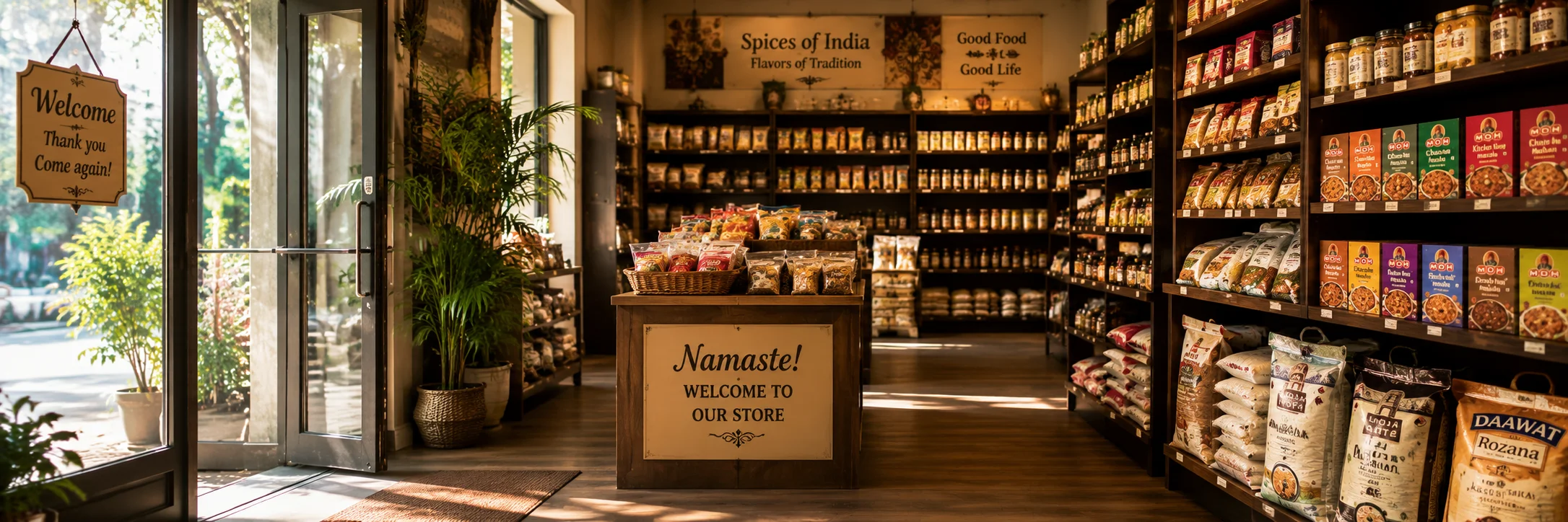 Welcoming Indian spice shop interior with shelves of spices and snacks
