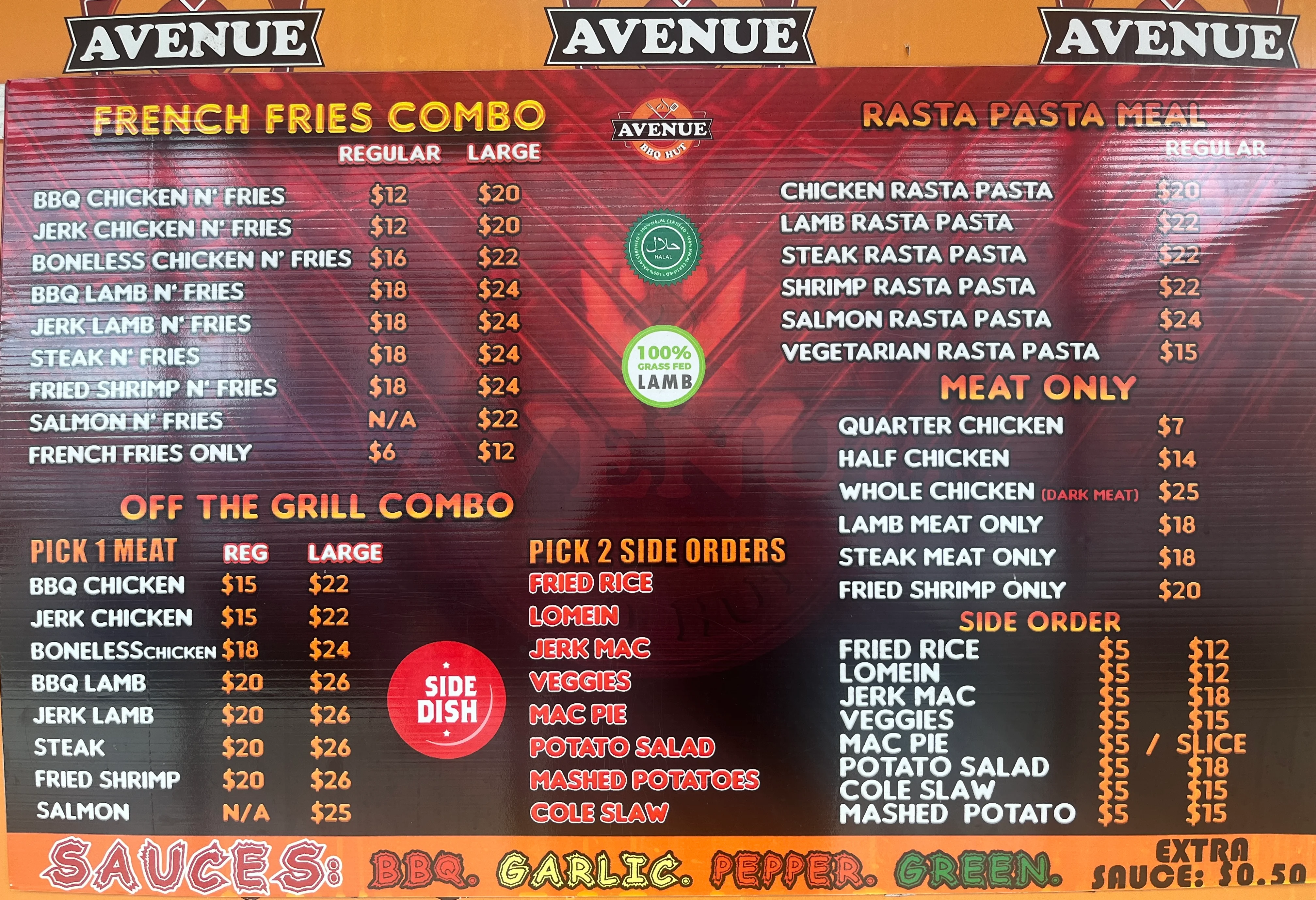 Menu board featuring Caribbean BBQ and pasta dishes