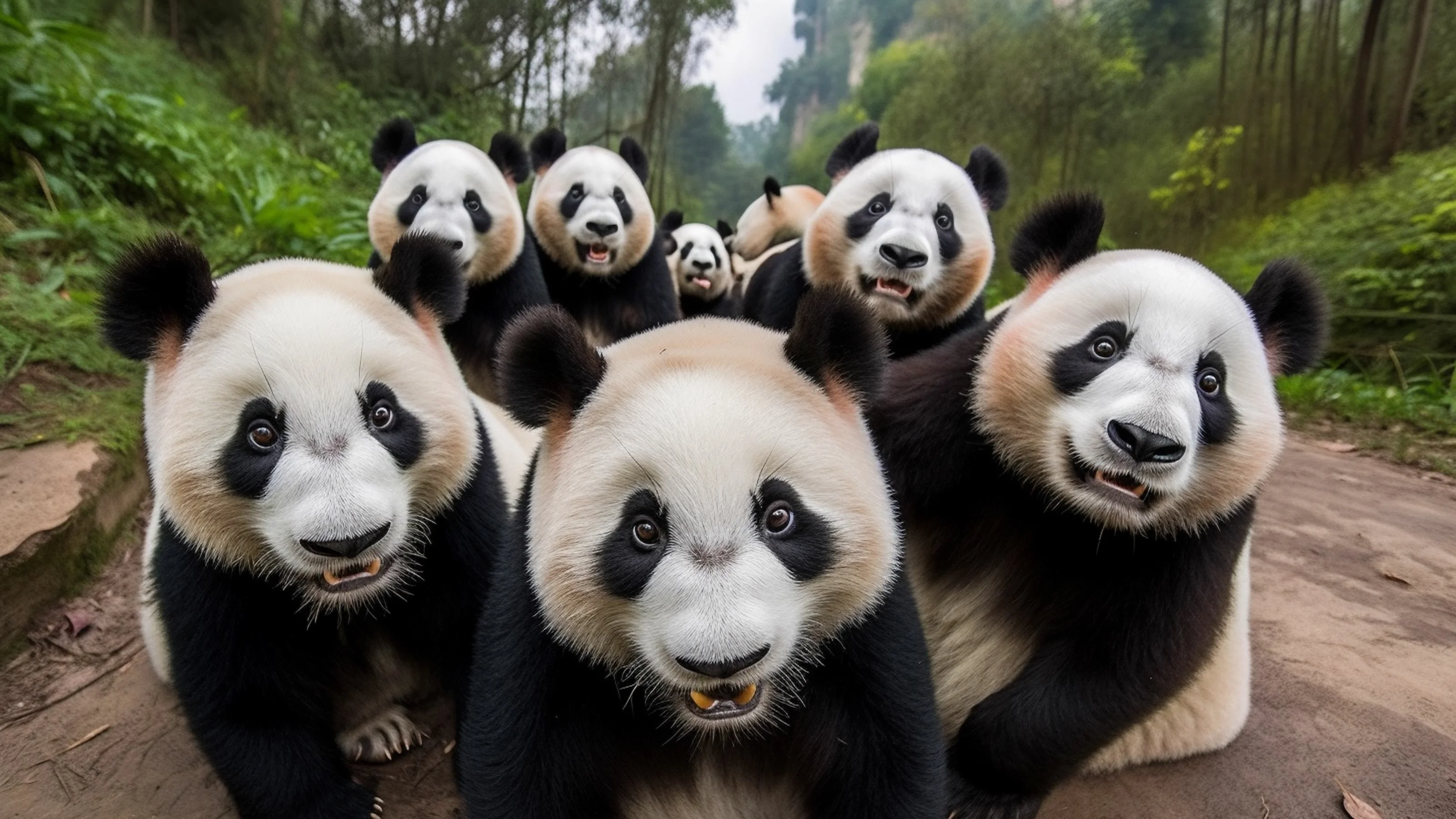 Group of playful giant pandas in a lush forest