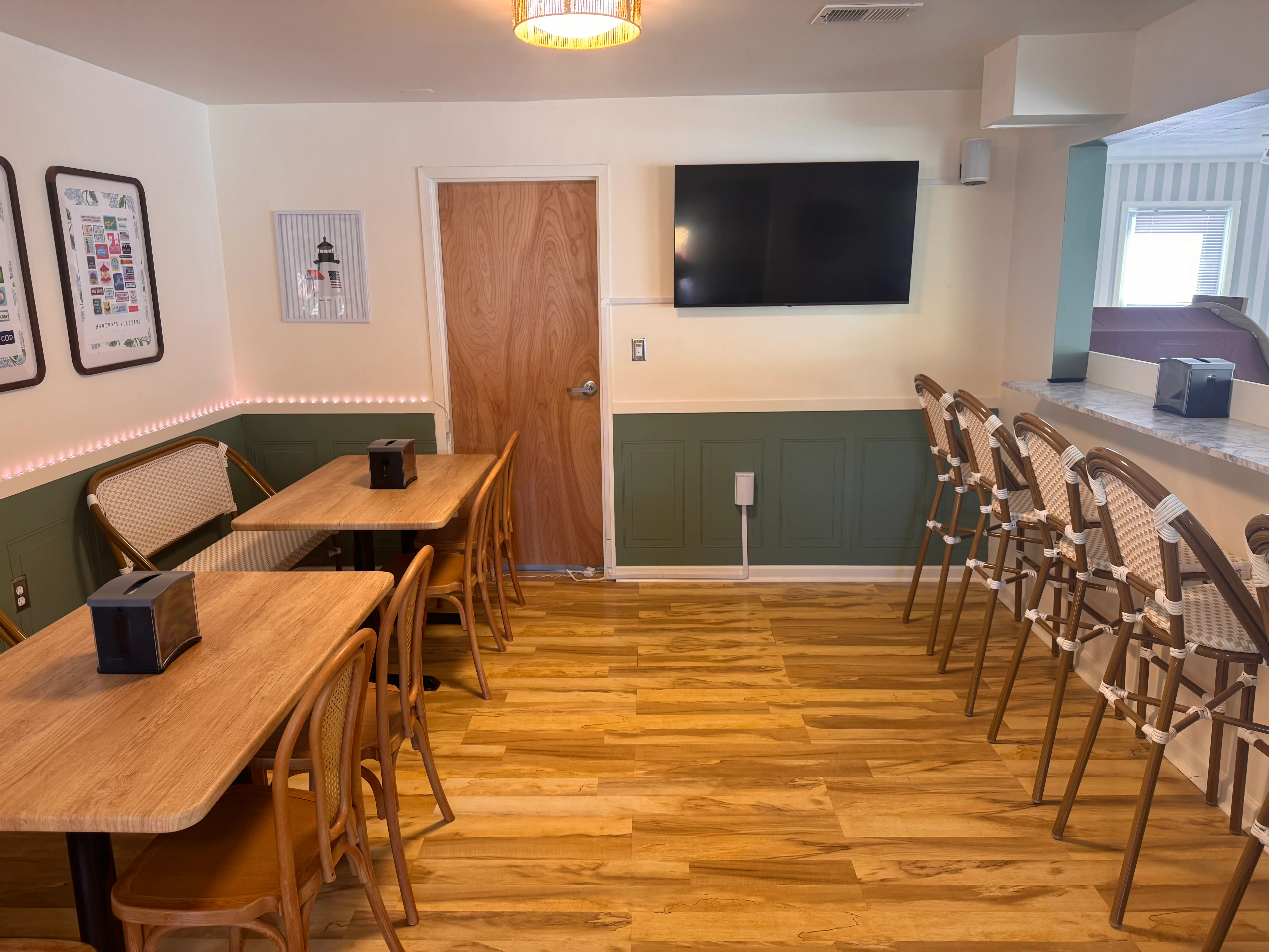 Cozy restaurant interior with wooden tables and modern decor