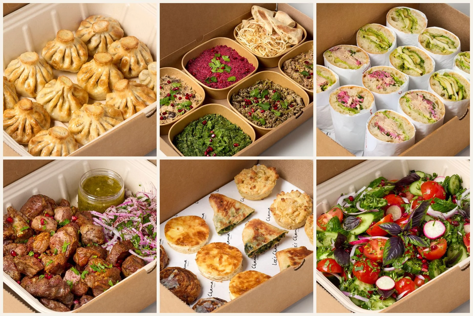 Six Chama Mama catering trays: khinkali, pkhali, lunch boxes, grilled meats, pastries and salad