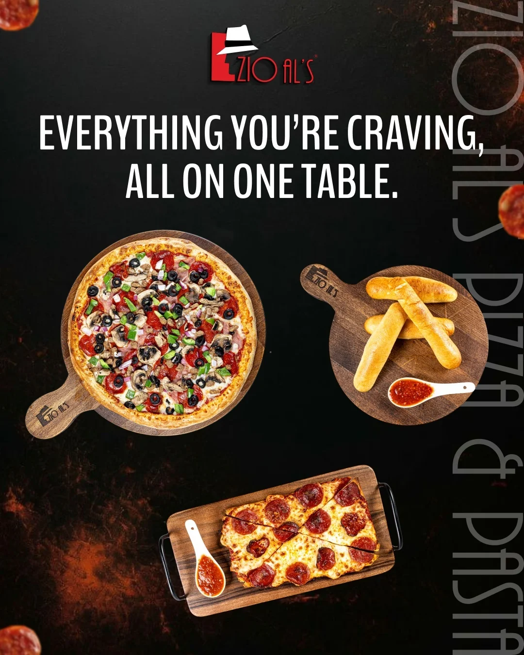 Delicious pepperoni pizza and breadsticks on a wooden table