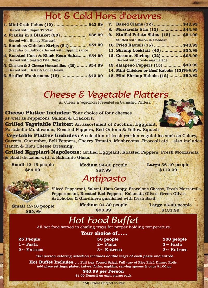 Catering menu featuring assorted hors d'oeuvres and platters