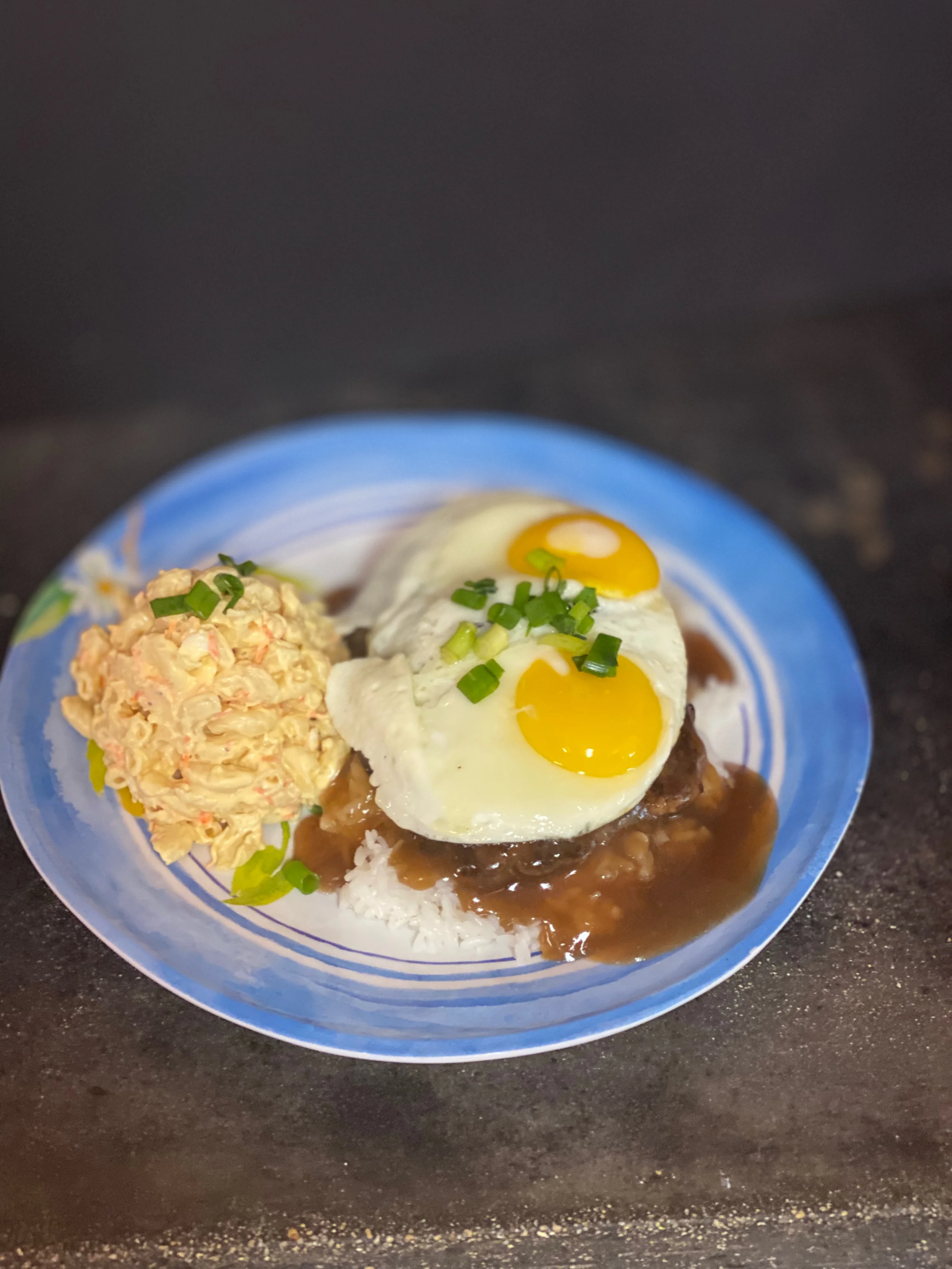 Loco Moco with rice, gravy, and mac salad