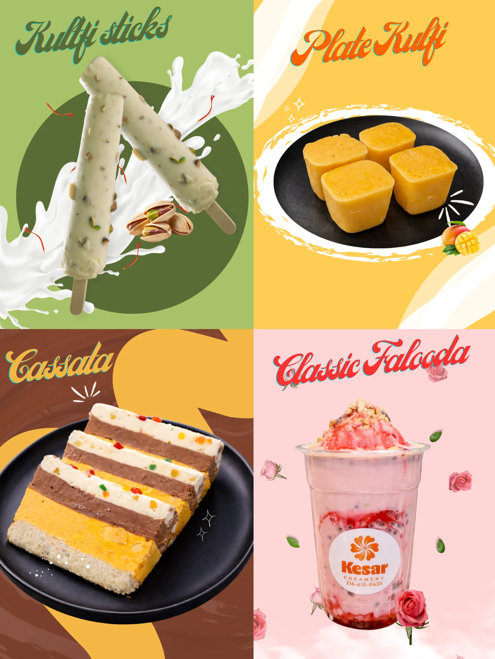 Assorted Indian desserts: kulfi sticks, plate kulfi, cassata, and falooda
