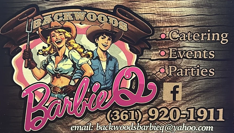 Catering business card for Backwoods BarbieQ with event details