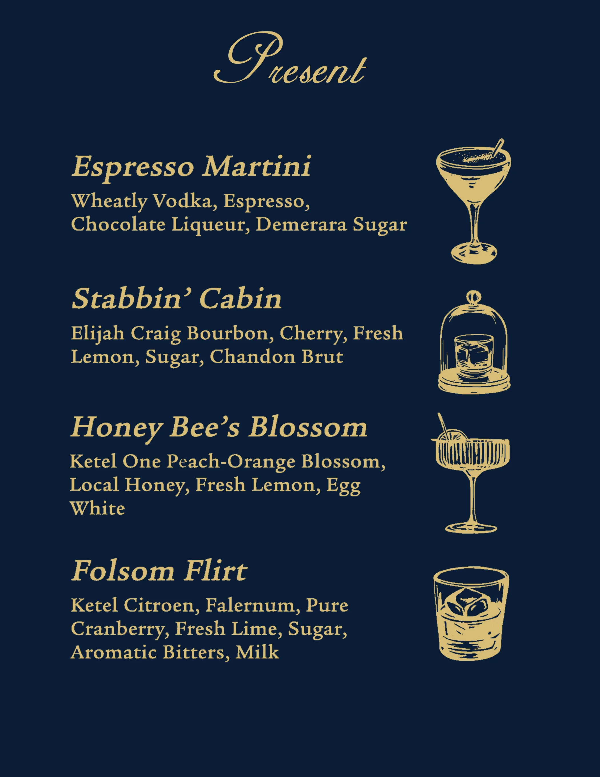 Cocktail menu featuring creative drinks at a modern bar