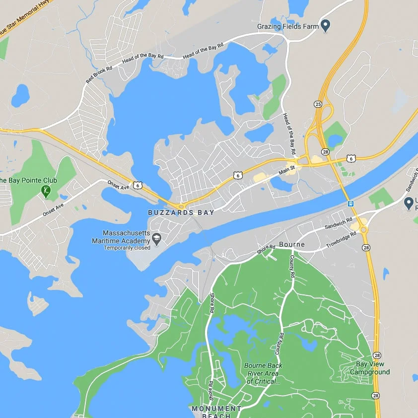Map of Buzzards Bay area with roads and landmarks